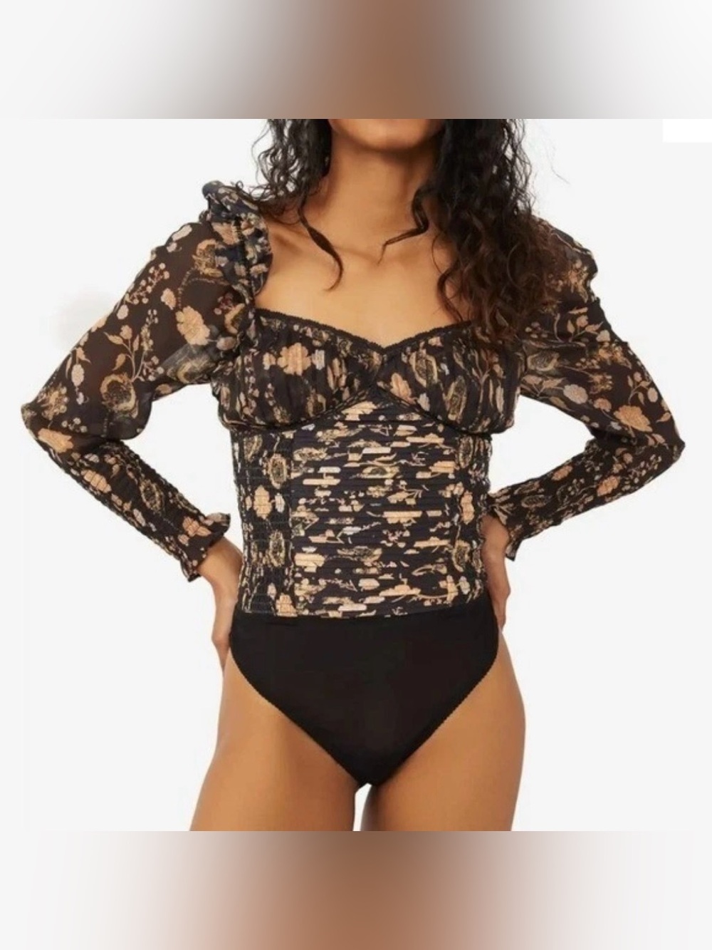 Free People Womens Brunch Date Floral Bodysuit Sz XS Long Sleeve Black